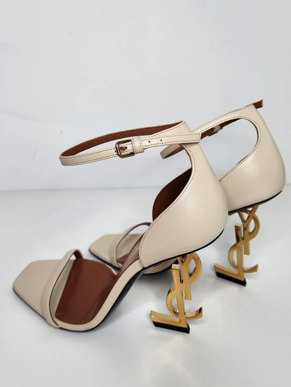 Saint Laurent Opyum 110 Leather Logo-Heel Sandals In Beige Size 35 - Picture 2 of 10